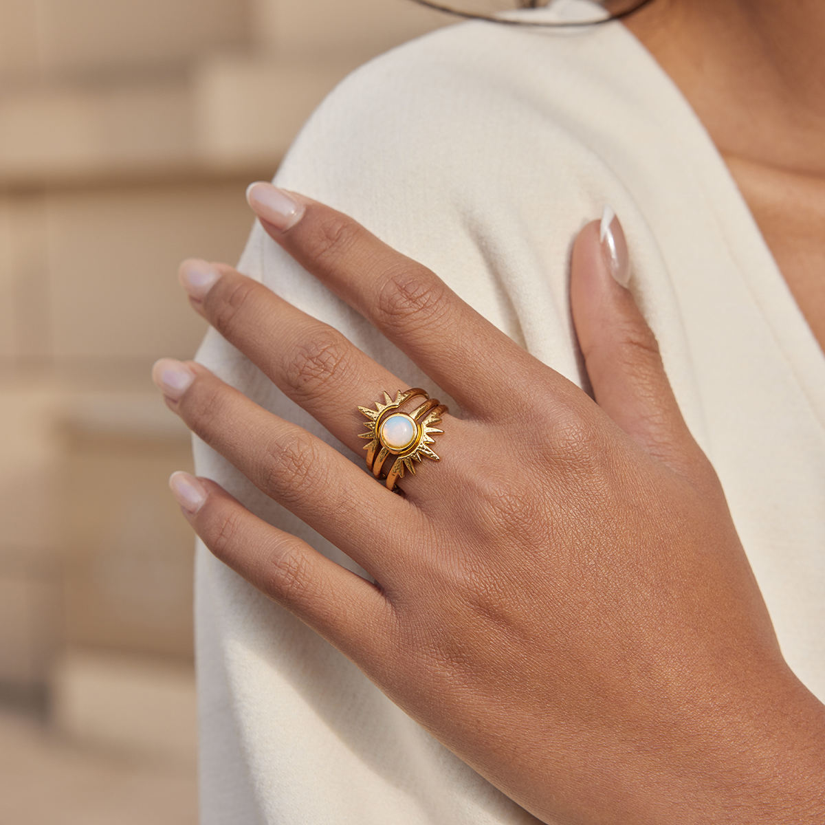 Solara Ring Set | Gold Sun & Opalite Stacking Rings
