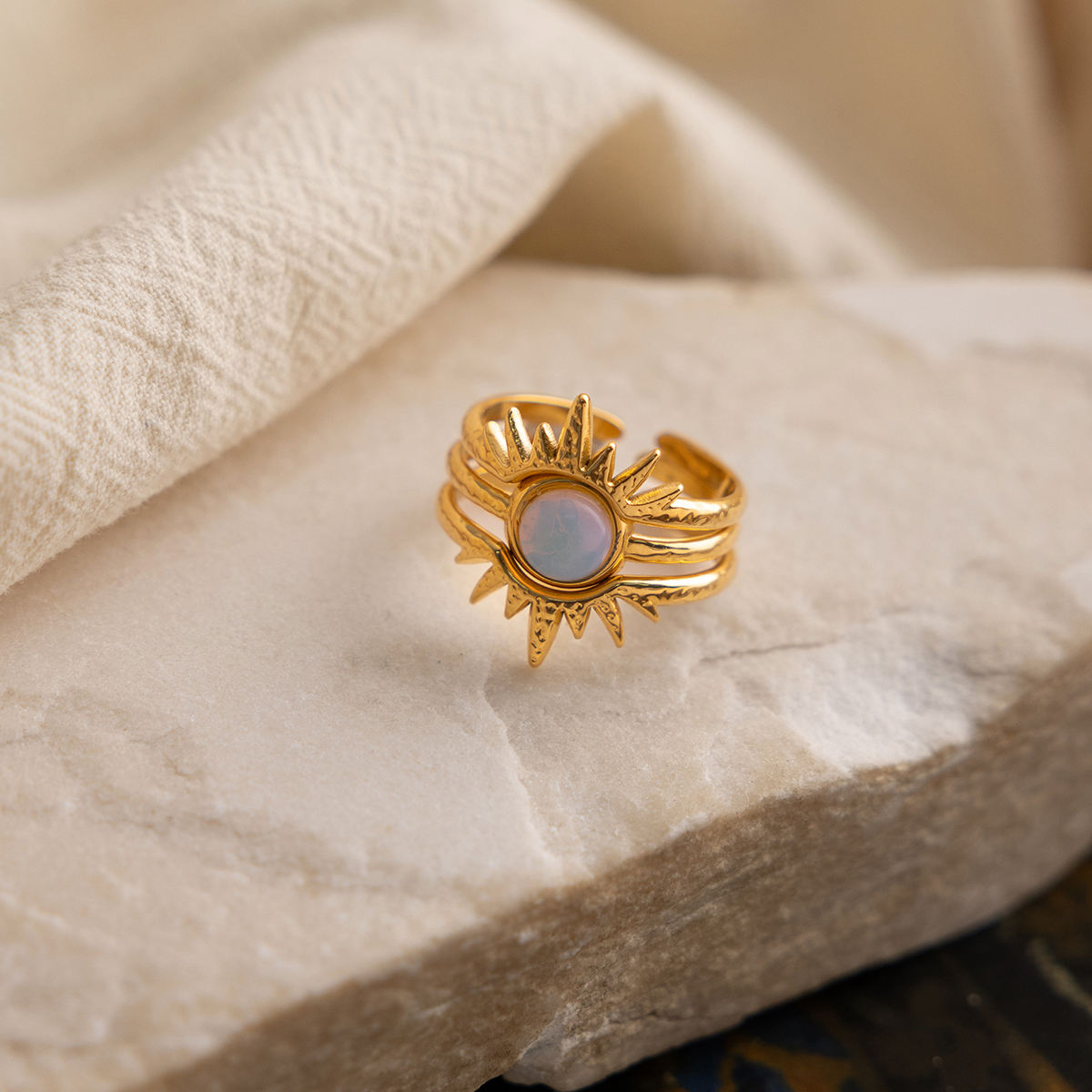 Solara Ring Set | Gold Sun & Opalite Stacking Rings