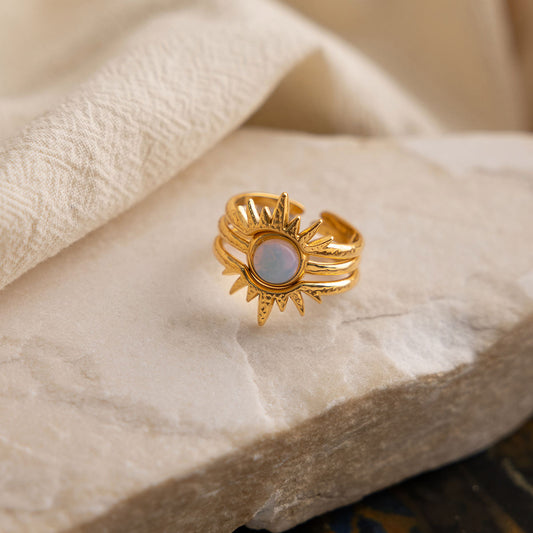 Solara Ring Set | Gold Sun & Opalite Stacking Rings
