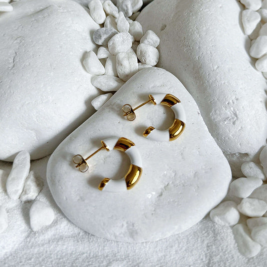 White & Gold CC Hoops Earrings Studs - Kataleya