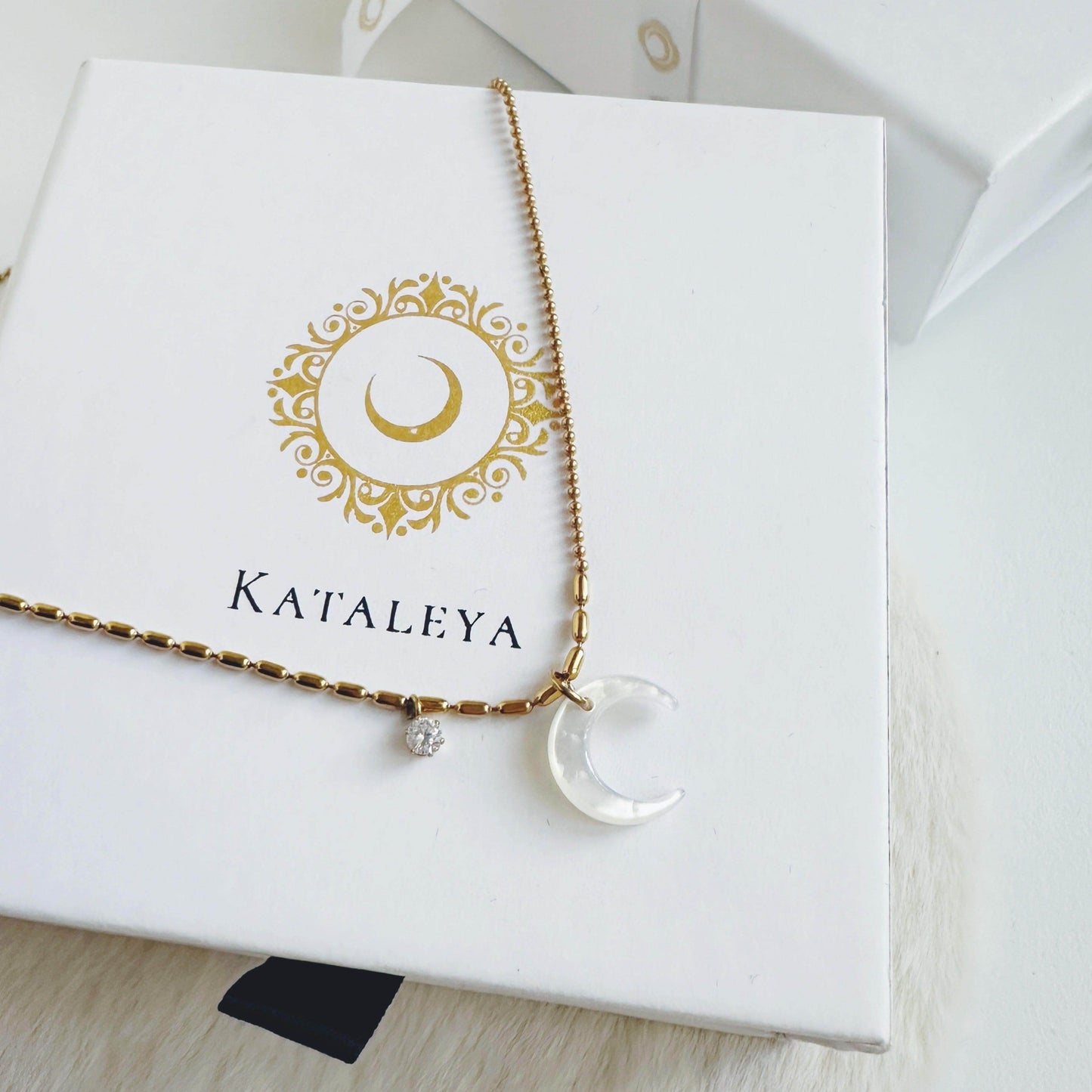 White Shell Moon Pendant Gold Necklace - Kataleya