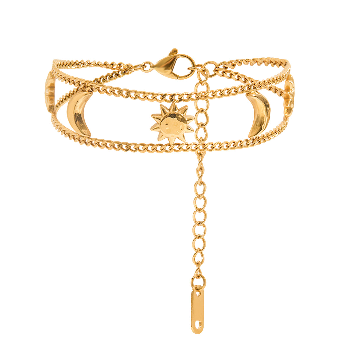 Gold bracelet with sun and moon charms on a white background