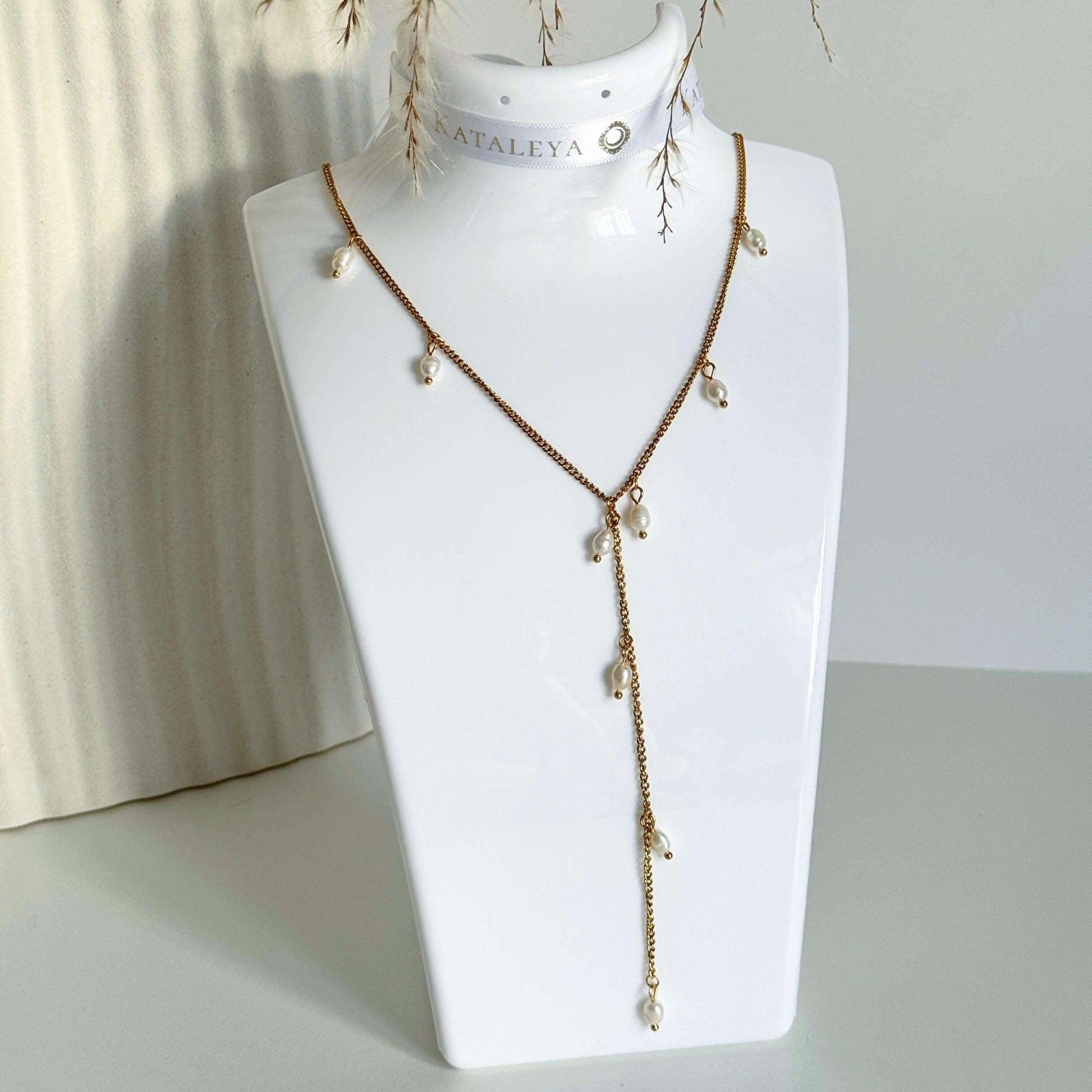 Y- Shape Gold Pearl Lariat Necklace - Kataleya