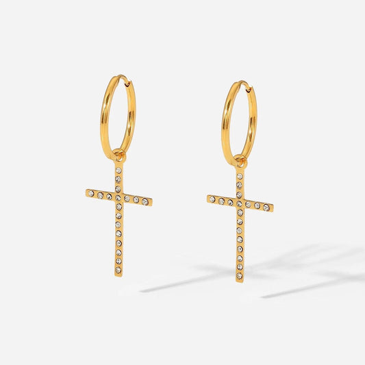 Zircon Cross Gold Drop Hoop Earrings - Kataleya