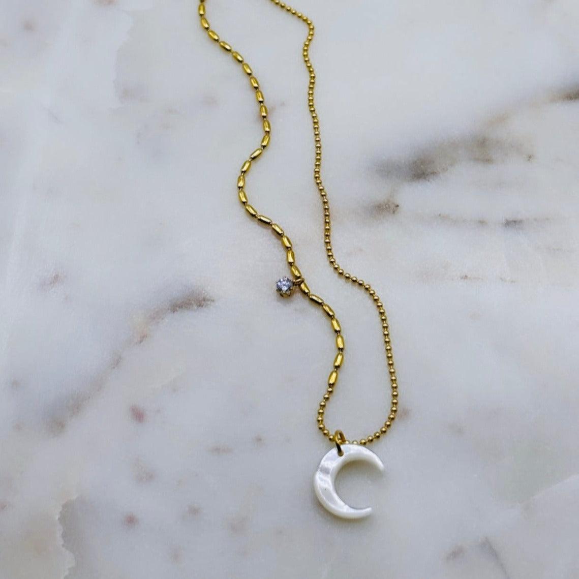 White Shell Moon Pendant Gold Necklace - Kataleya